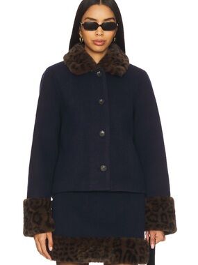 REVOLVE Navy Blue Jacket with Brown Leopard Cuffs